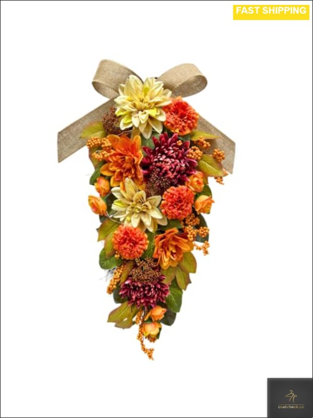 Lighted Fall Teardrop Swag with Timer 25 Inch Front Door Decor